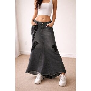 Women's VTG Bisou Bisou Black Lace Long Skirt Denim Y2K Flare Dark Maxi SZ 14